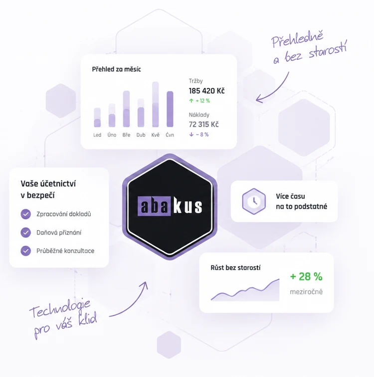 Grafika z původního webu: přehled účetnictví a propojení služeb